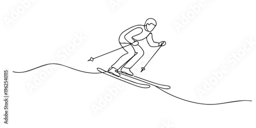 single line skiing.continuous line drawing of skier gliding on snow with poles.winter sport action concept.one line vector illustration.