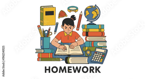 Student studying homework books globe school supplies education concept