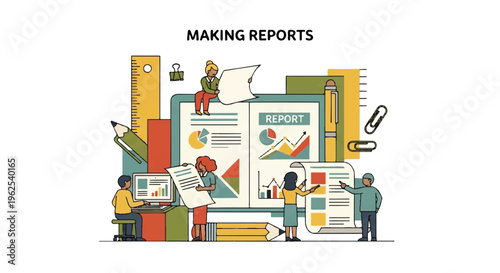 Team working on report data visualization and analysis graphic illustration
