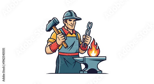 Blacksmith illustration with hammer and tongs near anvil and fire