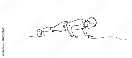 single line man doing push up.continuous line drawing of male exercising bodyweight fitness.strength training concept.one line vector illustration.