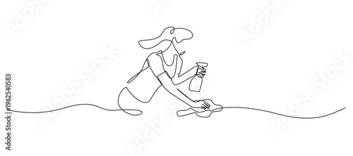 single line woman cleaning surface.continuous line drawing of female wiping floor with cloth and spray.household cleaning concept.one line vector illustration.