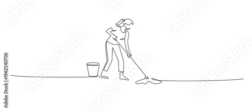 single line woman mopping floor.continuous line drawing of female cleaning house with mop.household cleaning concept.one line vector illustration.