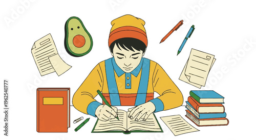 Young person writing at desk with educational supplies