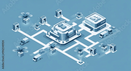Isometric Logistics Network - Drones, Trucks, and Buildings Connected.