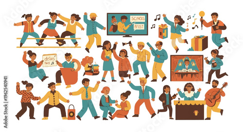 Diverse group of people engaging in various activities illustration