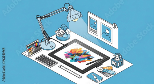 Isometric Illustration of a Digital Artists Workspace with Tablet and Tools.