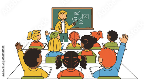 Classroom lesson with teacher and students raising hands