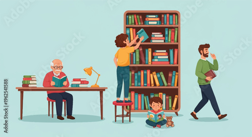 People reading and selecting books in a library illustration