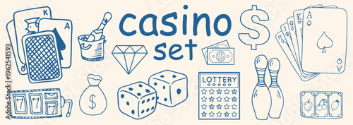 Hand drawn vector various casino elements line art set .casino . Sketch art casino set . casino elements design . Vector illustration