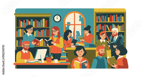 People reading books in library illustration