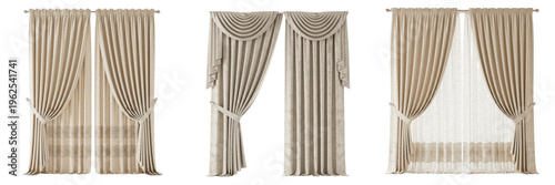 Photos Set of luxury beige classic curtains with elegant swags valances and sheer tulle