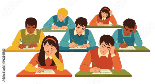 Students in classroom taking exam writing on paper at desks