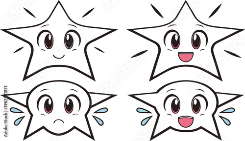 Four star cartoon faces with different expressions smiling