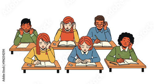 Students studying at desks in classroom environment with books and pencils
