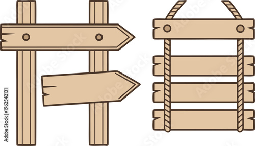 Wooden signboards with rope and nails on white background direction sign wooden signs