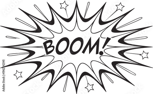 Black comic book style boom explosion with stars white