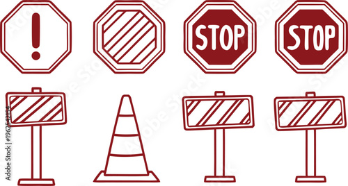 Hand drawn road signs and traffic cones in red on white background red and white