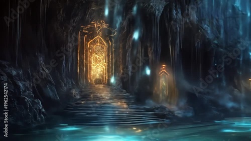 Mystical cave interior with glowing ornate gate and flowing water