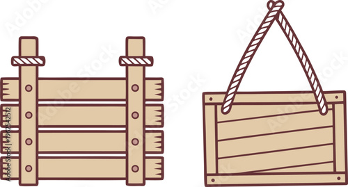 Wooden signboards with rope hangers wooden fence