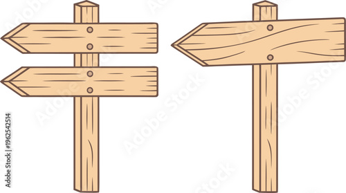 Two wooden signboards on posts with arrow shaped signs signpost direction signs arrow signs