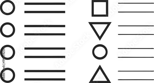 Black and white bullet points and lines on white background geometric shapes circles