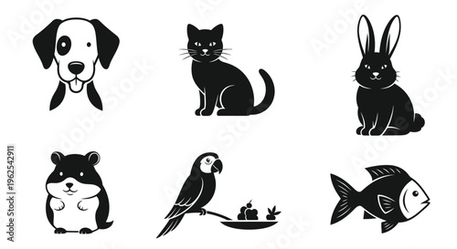 Collection of adorable black and white pet animal silhouettes for various graphic design elements
