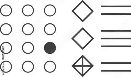 Black and white geometric shapes and lines on white background circles diamonds