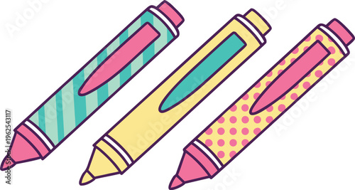 Colorful crayons with different patterns on white background markers colored pencils