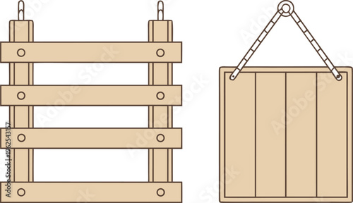 Wooden signboard with hanging chain and fence wooden fence brown