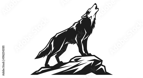 Stylized black and white graphic silhouette of a howling wolf standing upon jagged rocks