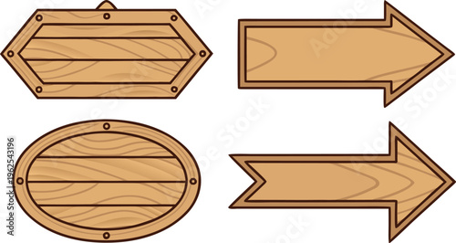 Wooden signboard shapes with brown wood grain texture and black outlines signs arrows