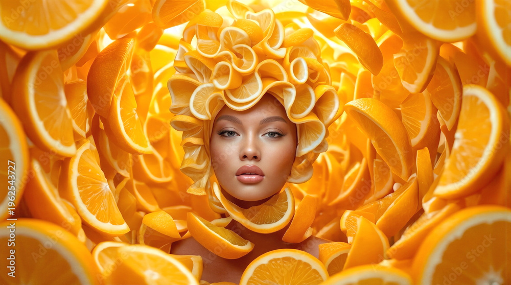 Fototapeta premium Portrait of young woman wearing headpiece made of orange slices. Creative food art and beauty concept with citrus fruit tunnel background.