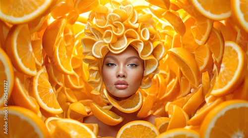 Portrait of young woman wearing headpiece made of orange slices. Creative food art and beauty concept with citrus fruit tunnel background.
