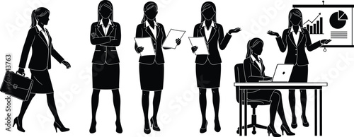 Business professional icons, office silhouette, briefcase walking, document discussion, laptop work
