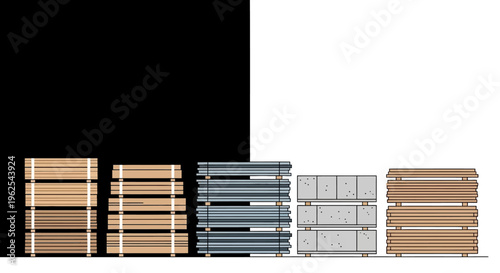 A row of stacked metal and wooden pallets.