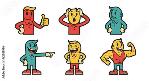 Cartoon characters expressing emotions and actions isolated