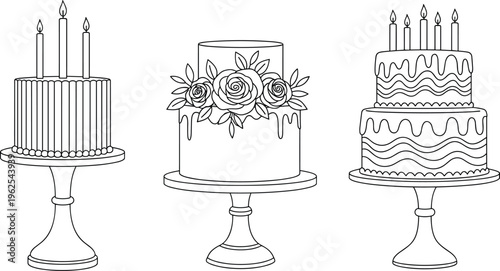 Cake silhouette illustrations, dessert artwork collection, birthday celebration design set, black white figure profiles, stylized sweet food presentation