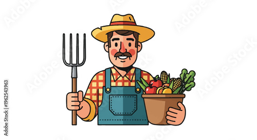 Cartoon farmer holding pitchfork and harvest basket vector illustration