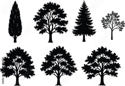 Tree silhouette illustrations, botanical forest artwork, diverse foliage design collection, black white figure set, stylized nature profiles