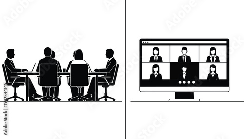 In-person business meeting, virtual conference call, teamwork collaboration, office professionals, hybrid communication
