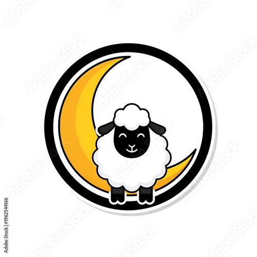 Cartoon sheep, crescent moon, black and white icon, lunar animal sticker isolated on Transparent Background