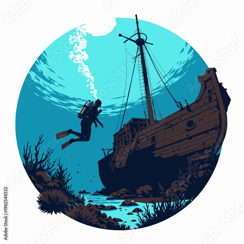 Mystical Deep Sea Diver Exploring a Sunken Ship Surrounded by Vibrant Coral Reef and Marine Life in Crystal Clear Waters