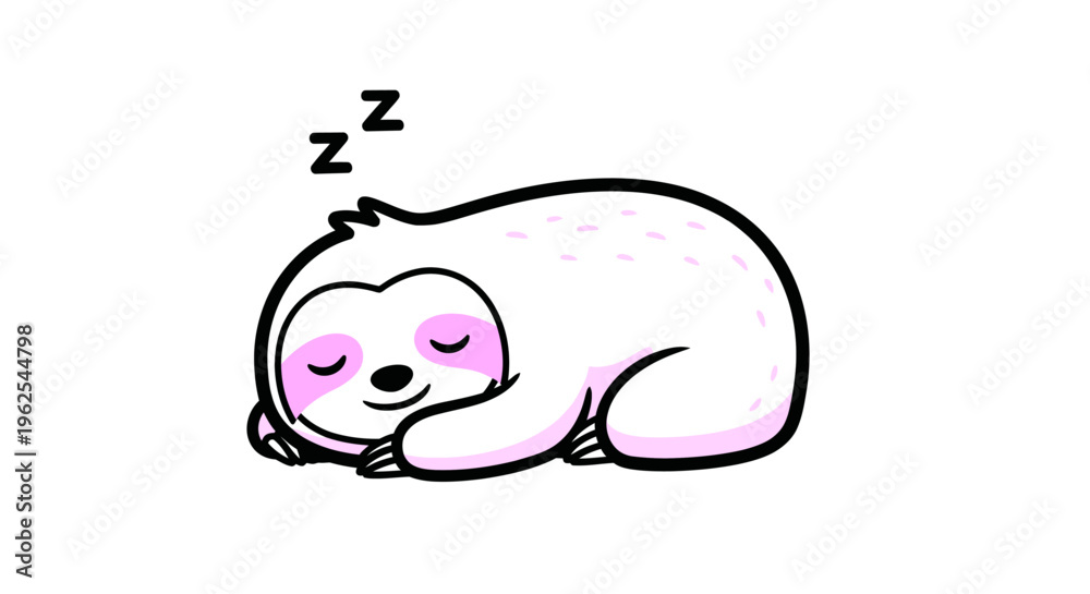 Obraz premium Adorable white and pink cartoon sloth sleeping peacefully with zzz above its head, cute vector illustration on white background.