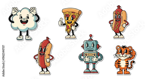 Cartoon characters set food items robot and tiger in retro style