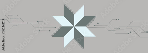 Eight pointed star geometric shape with alternating light blue and dark grey segments centered on a grey background with horizontal electronic circuit board line patterns