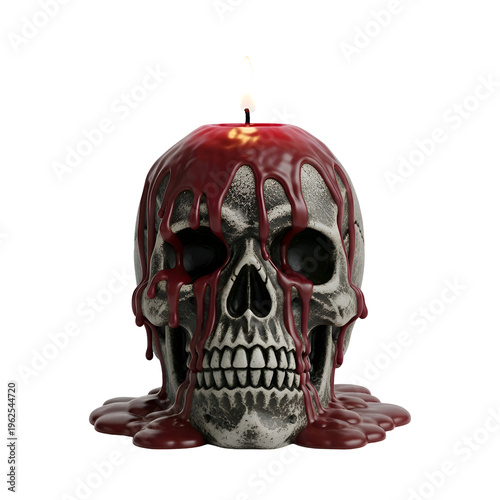 Bloody skull candle, melting red wax, horror decoration, Halloween decor isolated on Transparent Background
