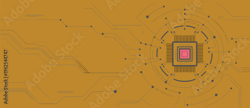Central processing unit chip with intricate circuit board pathways and circular data transmission lines on a solid mustard yellow background