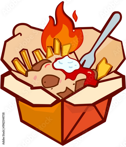 Spicy Doner Kebab Box with French Fries and Flames. Vibrant vector illustration of a hot and spicy doner box featuring roasted meat, french fries, ketchup, mayonnaise, and a flame symbol to indicate 