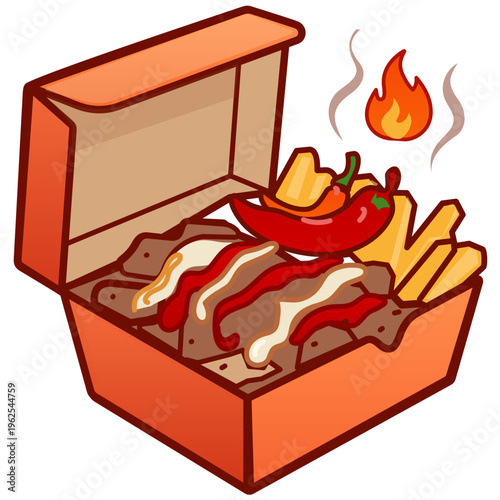 Doner Kebab Box with French Fries and Chili Peppers. Detailed vector illustration of a takeaway doner box filled with sliced meat, white and red sauces, crispy french fries, and fresh chili peppers.